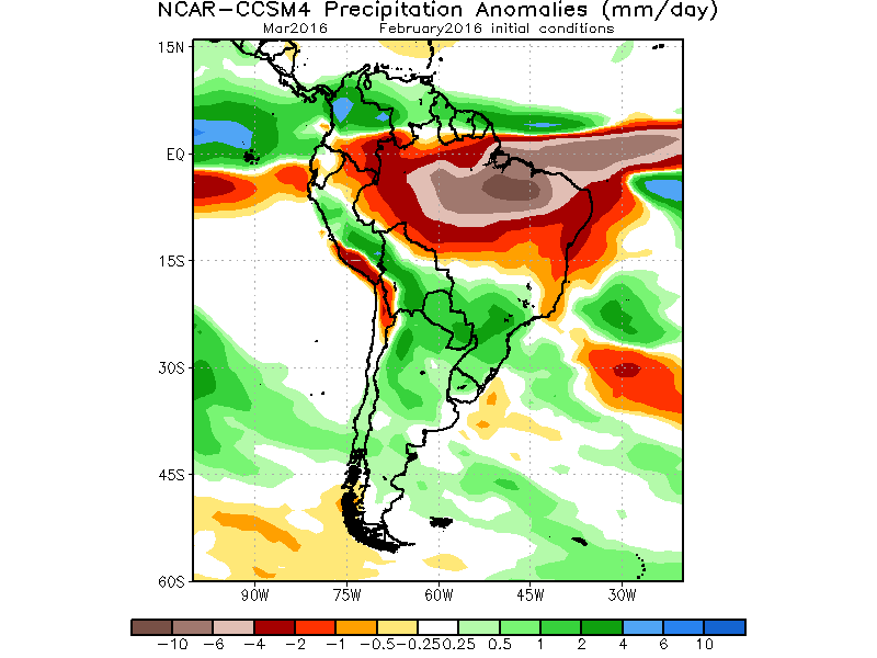 samerica ncar ccsm4 prec anom FebIC Mar2016